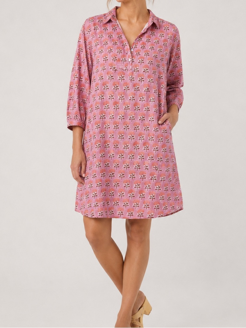 Victoria Dunn Pink Floral Block Print Cotton Tunic Dress – Size XL